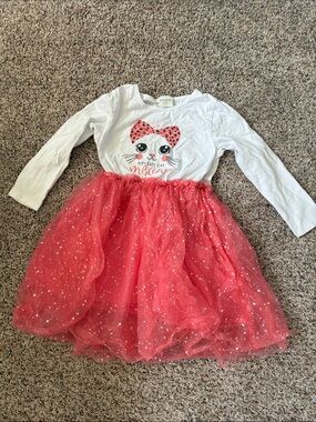 White Long-Sleeve Cat Tulle Dress with Pink Skirt